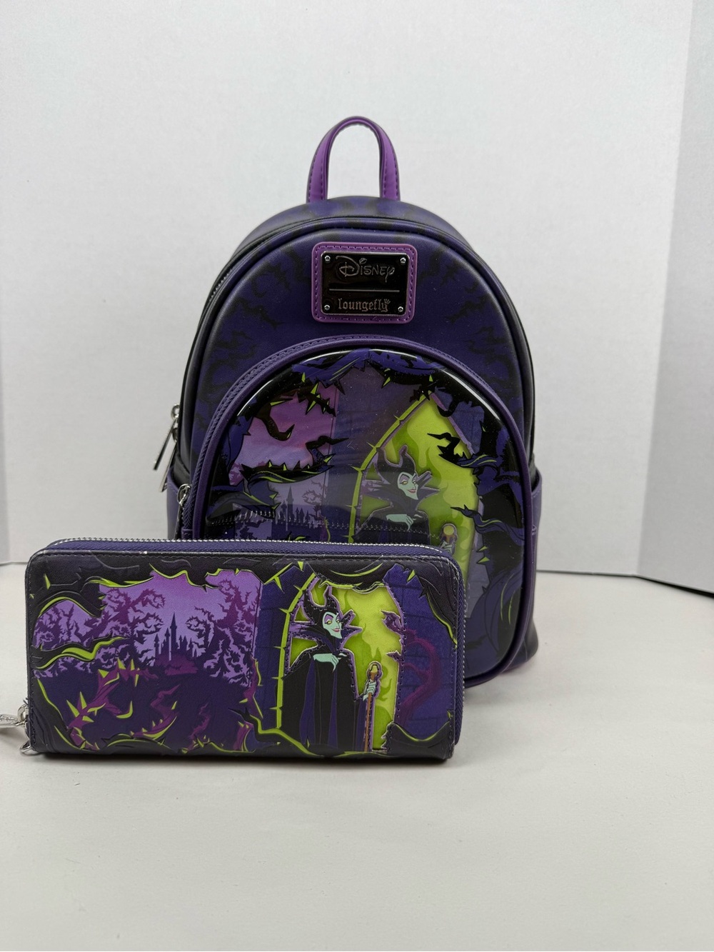 Loungefly Maleficent Window Box Glow In The Dark Mini Backpack & Wallet